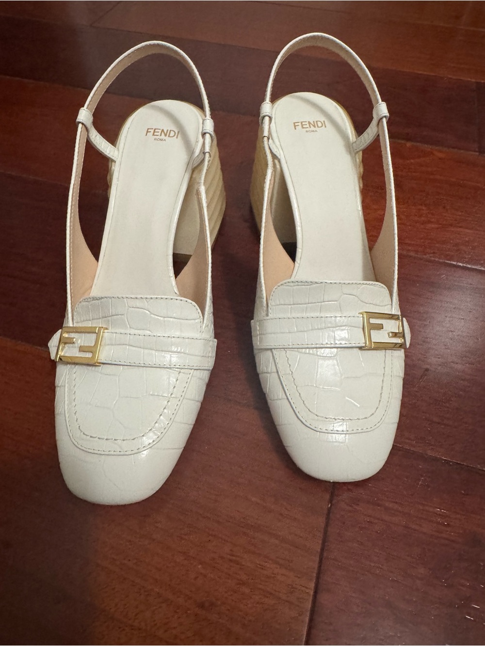 Fendi Cream Croc-Embossed Slingback Mules with Gold FF Buckles